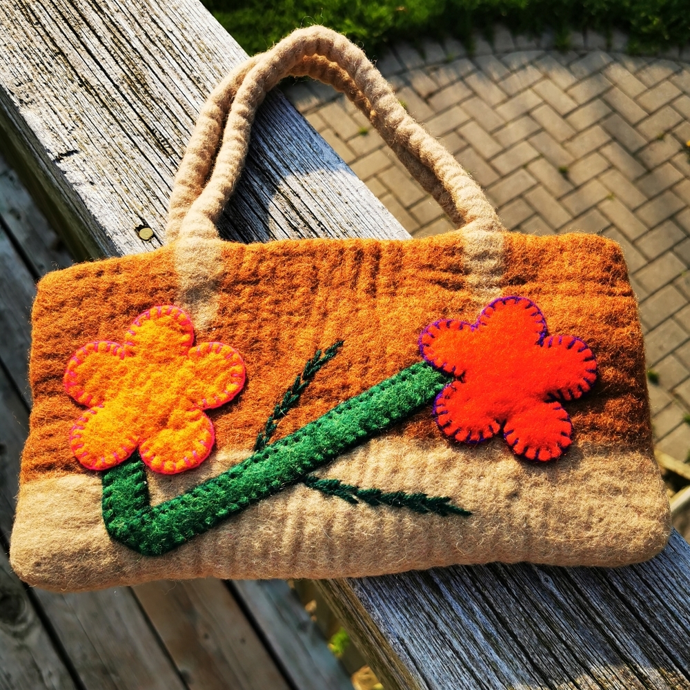 Handmade Felted Wool Tan and Camel Colour Hand Bag with Flowers